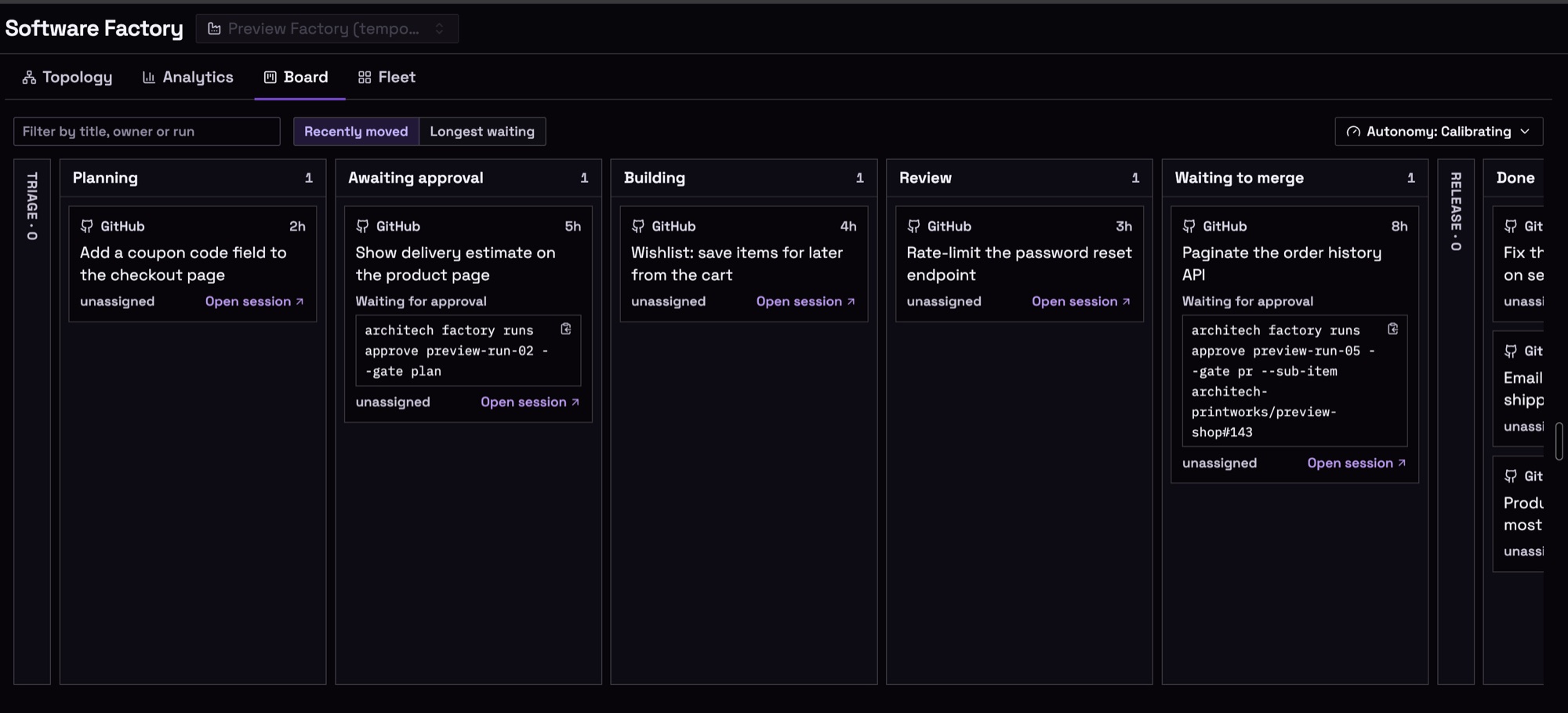 Board: items from planning through approval, building, review and waiting to merge, across GitHub and Linear